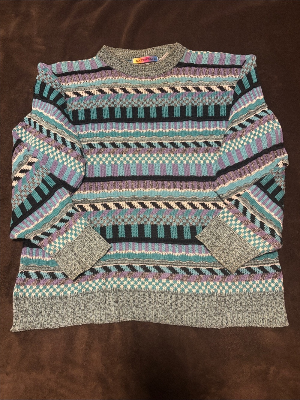 Vintage Saturdays Crewneck Sweater in Turquoise, Lavender & Black Stripes